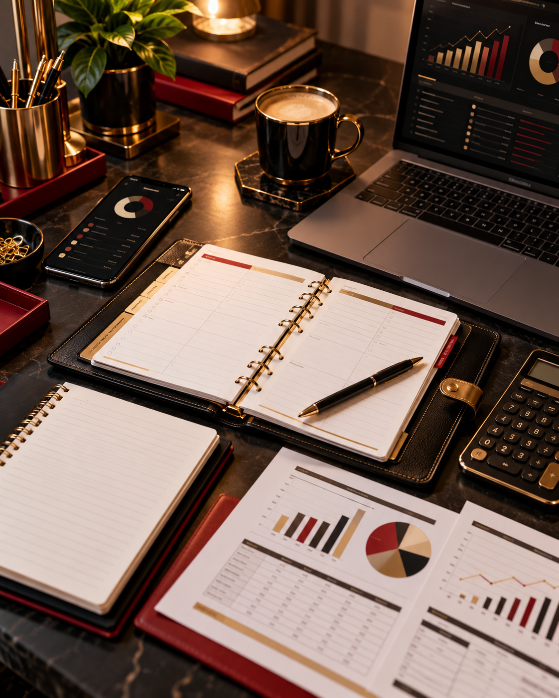 Planner, planilhas e materiais financeiros sobre a mesa